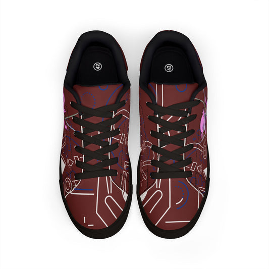Ax Moon Low-Top Leather Sneakers — Maroon Retro Cassette Graphic