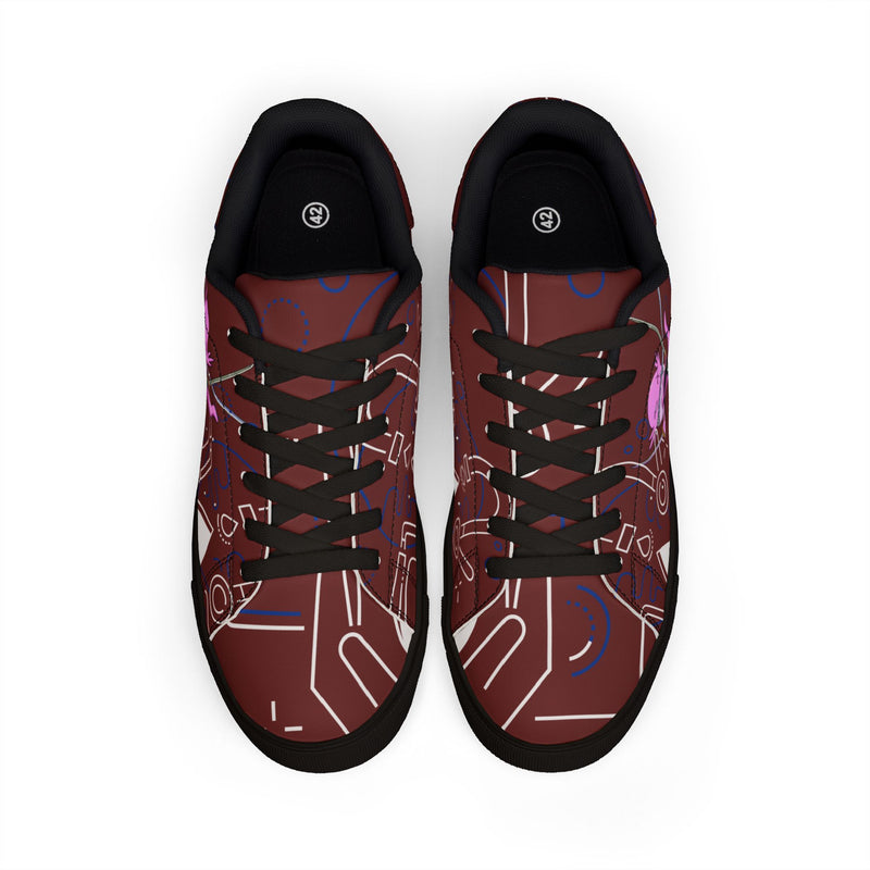 Ax Moon Low-Top Leather Sneakers — Maroon Retro Cassette Graphic