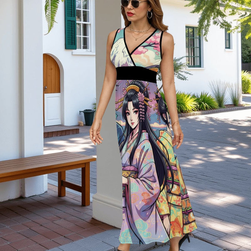 Sleeveless V-Neck Maxi Dress with Ruffled Hem