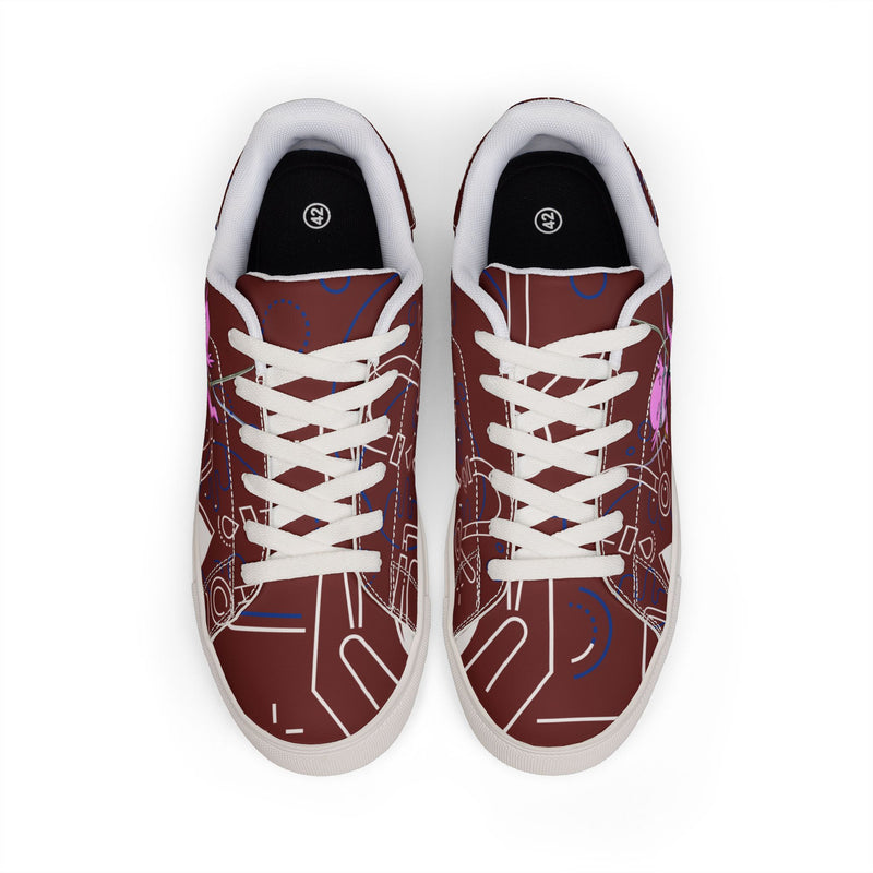 Ax Moon Low-Top Leather Sneakers — Maroon Retro Cassette Graphic