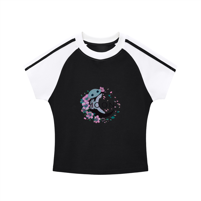 Moon Cherry Blossom Spring Contrast Stripes Bodycon Raglan  Sleeve T-Shirt