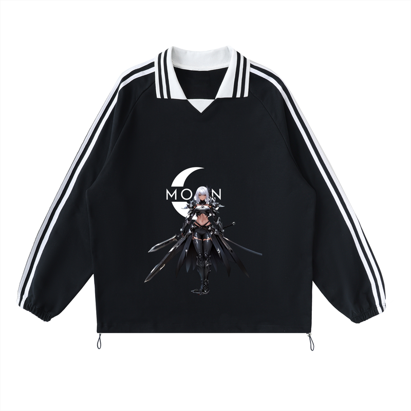 Moon Rai White Contrast Striped Lapel Collar Sweatshirt