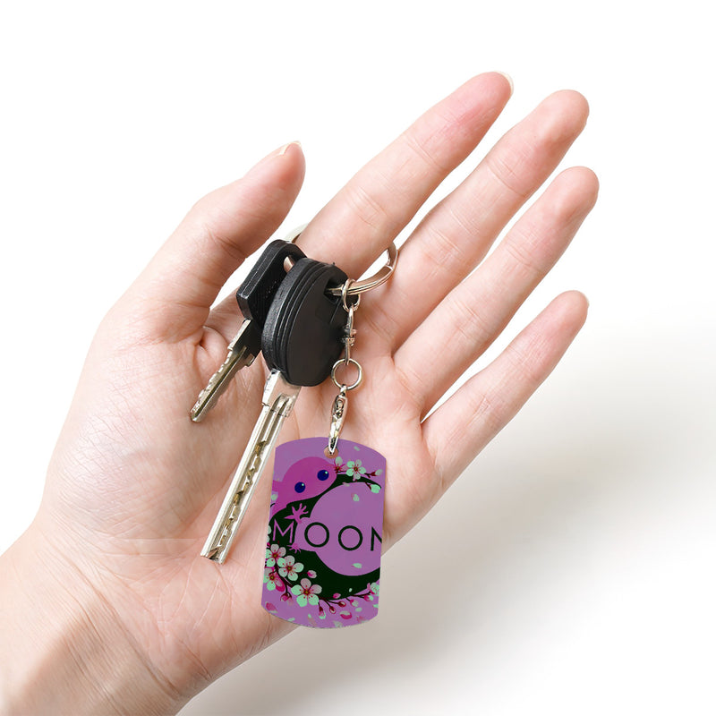 Ax Moon Cherry Blossom Rectangular Metal Keychain